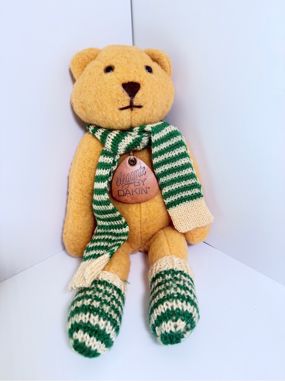 Dakin Yellow Bear Plush with Green & Cream Striped Scarf and Booties